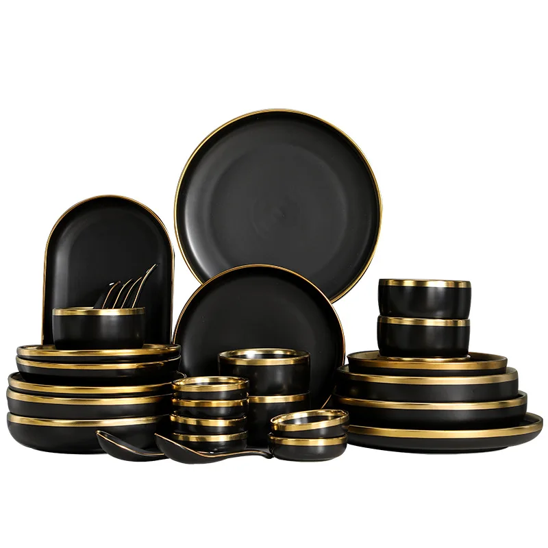 

Nordic ceramic black golden edge rice bowl and plates soup bowl fish round plate soup spoon creative household tableware set