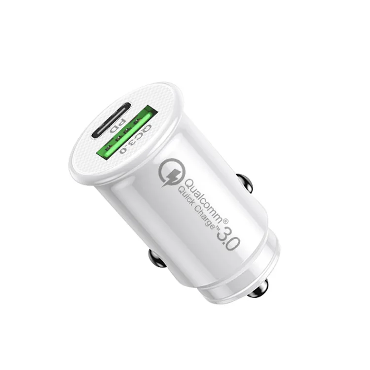 

USB C Car Charger, with QC 3.0+PD, 18W Car Charger, Abs Flame Retardant Aluminum Alloy 2 In 1 Vehicle Car Charger, White / black