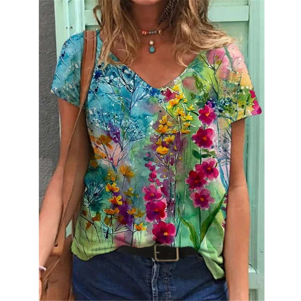 

GZ-YCX004 2021 Latest Design Best Selling Floral Print V Neck Fashion Street wear Ladies Loose T shirts