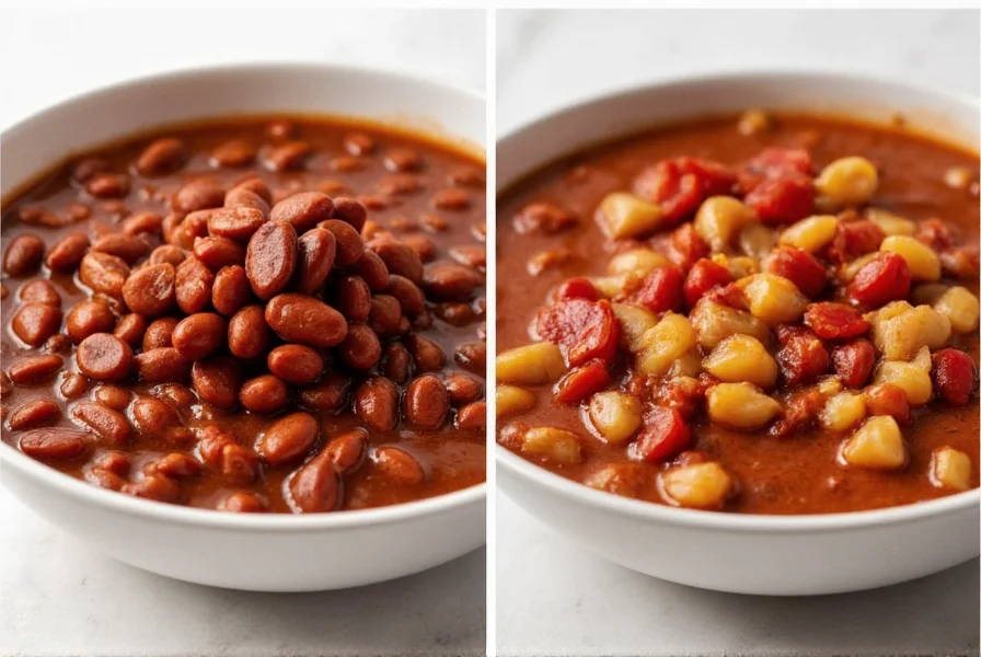 Side-by-side comparison of traditional Texas chili without beans and a hearty Midwestern-style chili with kidney beans and tomatoes
