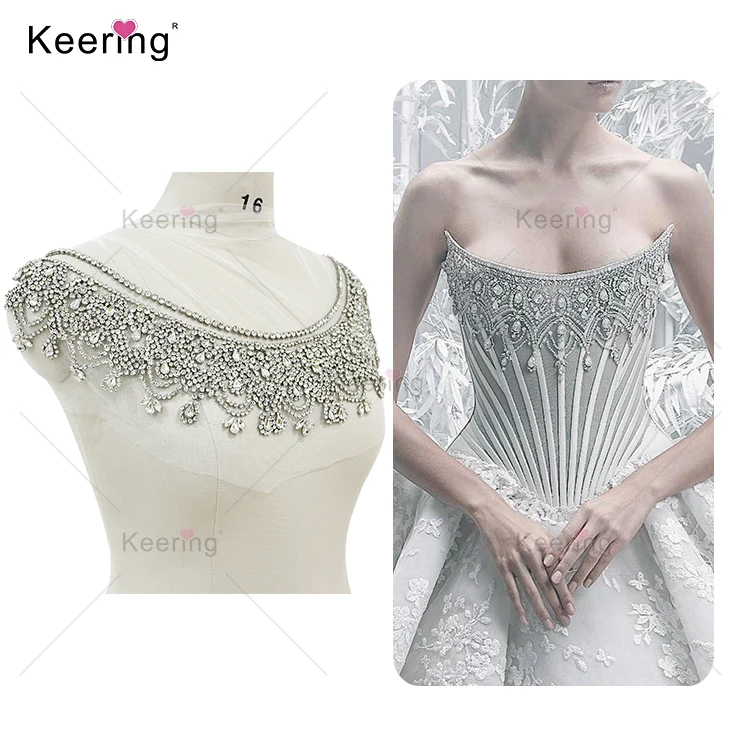 

Simple and luxury silver wedding rhinestone appliques French court style crystal embroidered lace patch for bridal dress WDP-278, Silver/gold