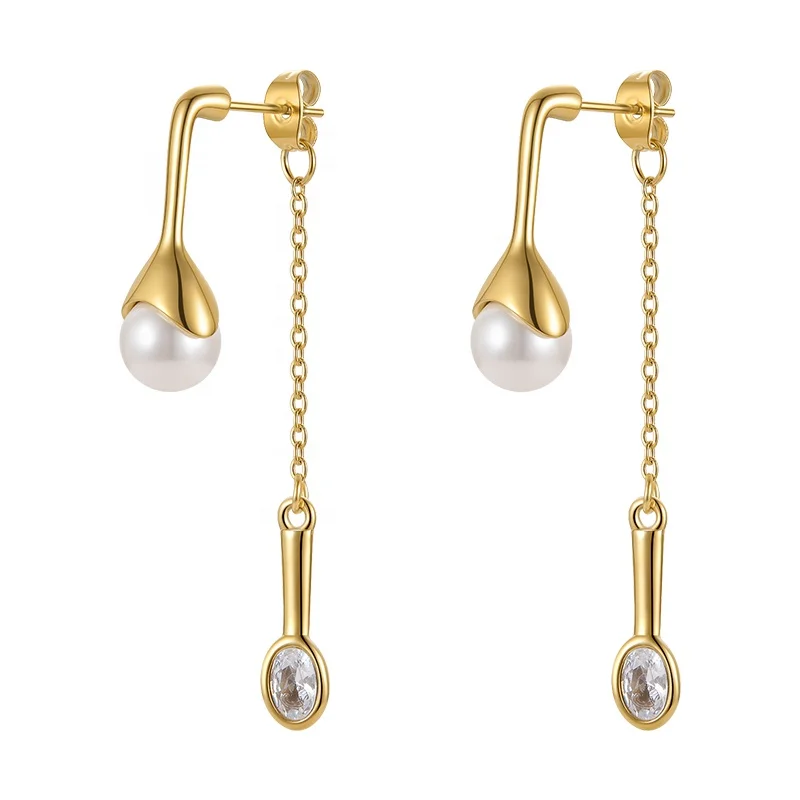 

18K Gold Plated Stainless Steel Jewelry Spoon Shaped Zircon Pearl Ear Stud Accessories Drop Earrings E221364