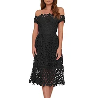 

High Quality Fashion Elegant Women Short Sleeve Crochet Design Off Shoulder Midi Cocktail Party Dress