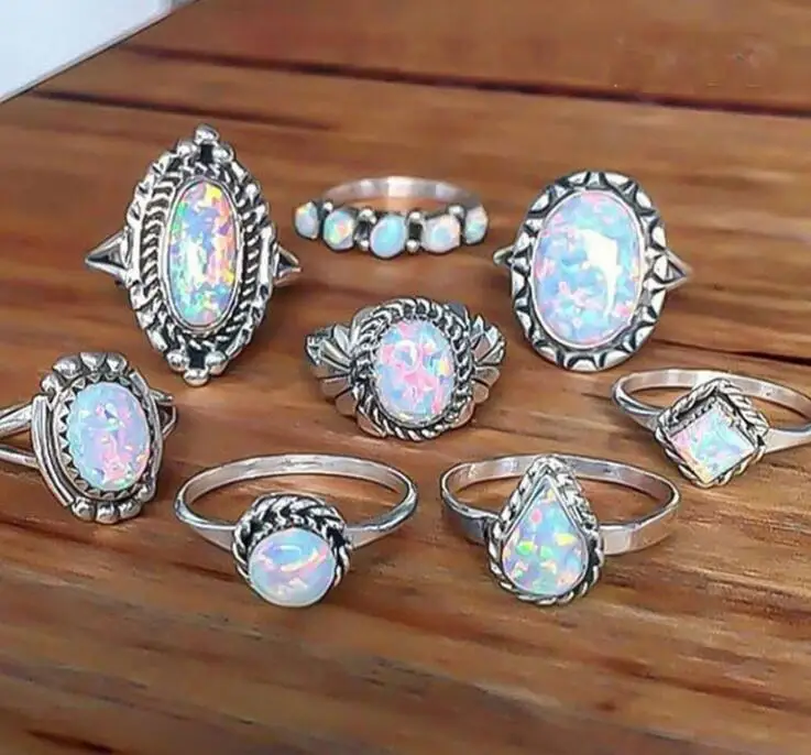 

8PCS/Set Good Quality Luxury Geometric Oval Crystal Carved Rings Women Jewelry Vintage Drop Shape Ring Sets Shining Opal Ring