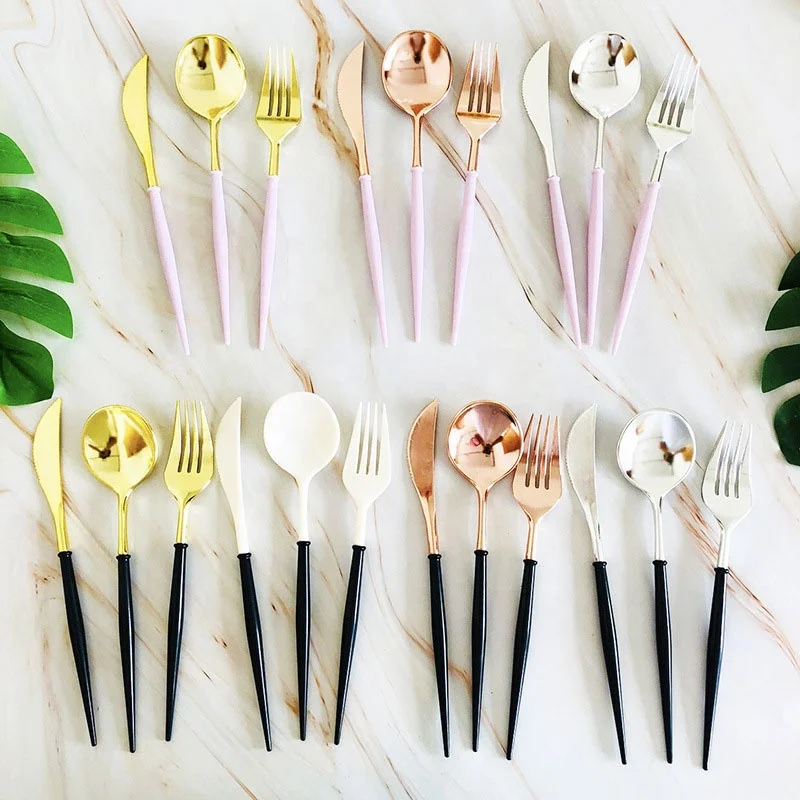 

30 Colors Rose Gold Disposable Flatware  Teaspoons Plastic Spoons Forks Knives Plastic Cutlery, Mixed