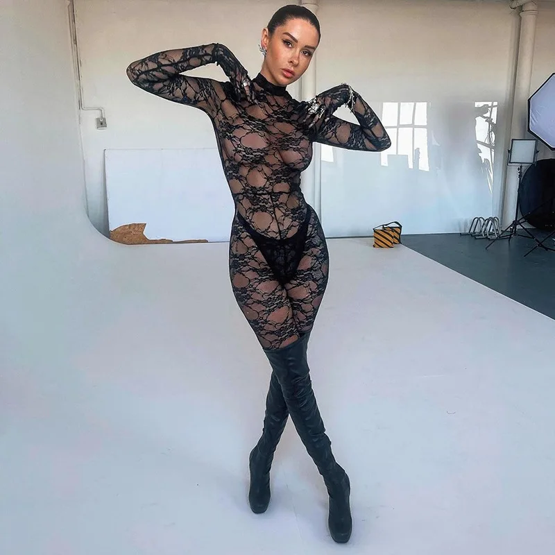 

F66049 - Fashion Long Sleeve Bandage Hollow Out Lace See Through Sheer Jumpsuit Women