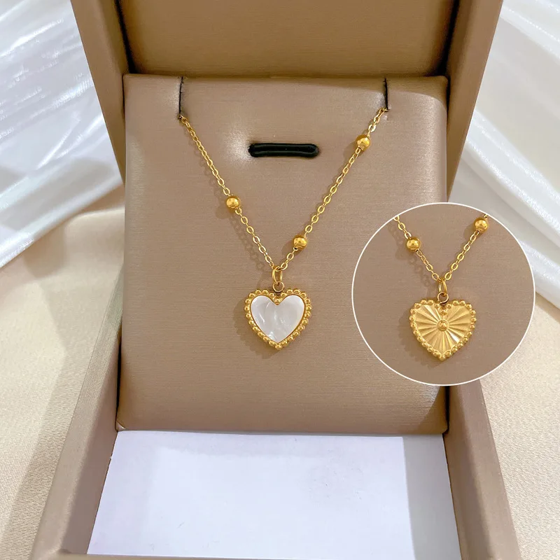 

Hot Sale Gold Plating Beads Chain White Shell Heart Necklace Fade Resistant Stainless Steel Heart Shape Pendant Necklace