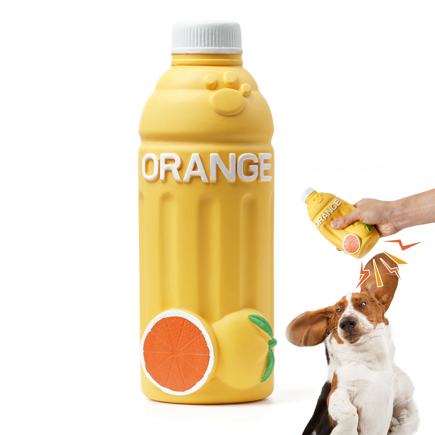 

Amazon top sell dog toy soft latex rubber pet chew toy latex orange fruit juice bottle shape dog toy