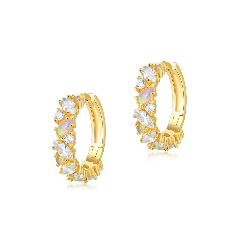 

Fashion Trendy Sterling Silver 18K Gold Plated Earrings Shiny Cubic Zirconia And Synthetic Opal Hoop Earrings For Women