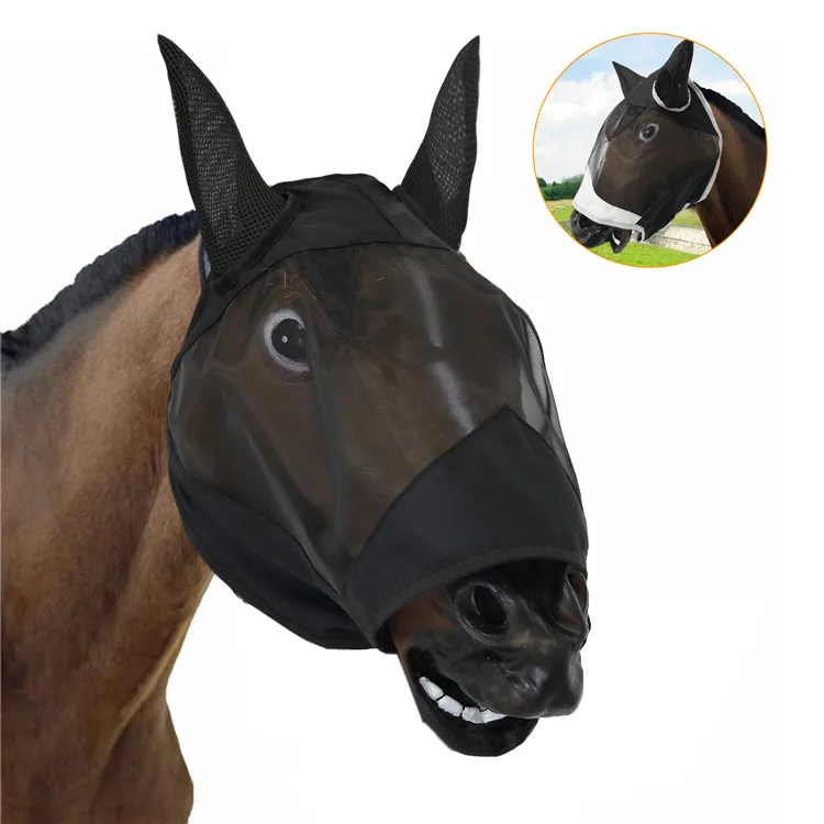 

Breathable Comfort Fit Fine Mesh Non Heat Transferring Horse Equine Fly Mask with Ears, Black, grey