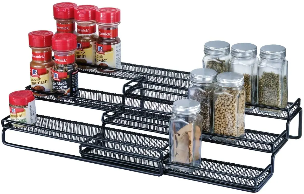 12.5 to 25W 3 Tier Expandable Cabinet Spice Rack Organizer Black Step Shelf with Protection Railing 