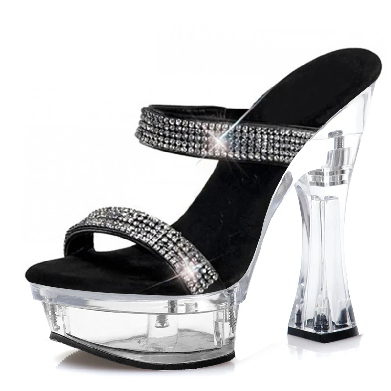 New14cm Open Toe Strip Catwalk Pole Dance Rhinestone Coarse Heel Platform Slippers Big Size Fashion Exotic Dancer Women Gothic