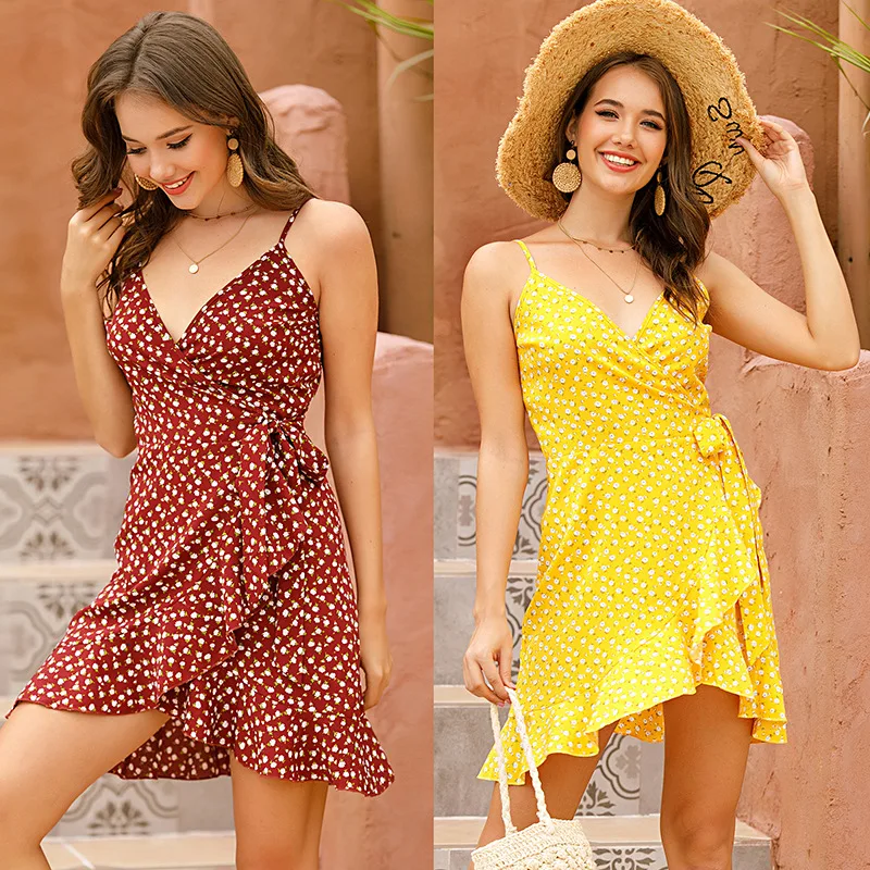 

2021 beach floral halter sexy V-neck dress irregular lace boho dresses women summer floral summer dress, Picture