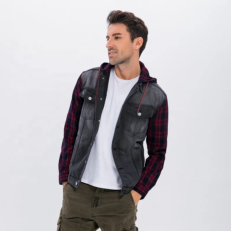 

KIJ207 New arrival hooded double layer trendy coats high quality men's plaid jeans winter denim jacket men, As picture or customized make