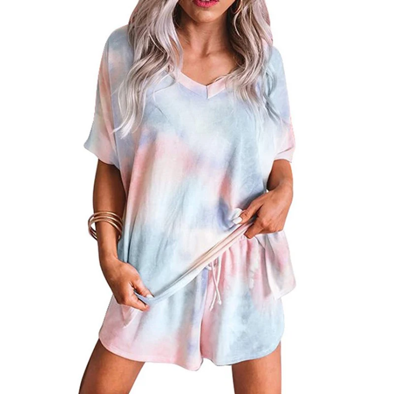 

Summer Tie Dyed Sleepwear Sets Wholesale Personalized Women Tie-Dye Short Sleeves Pajamas Sets, As pic show