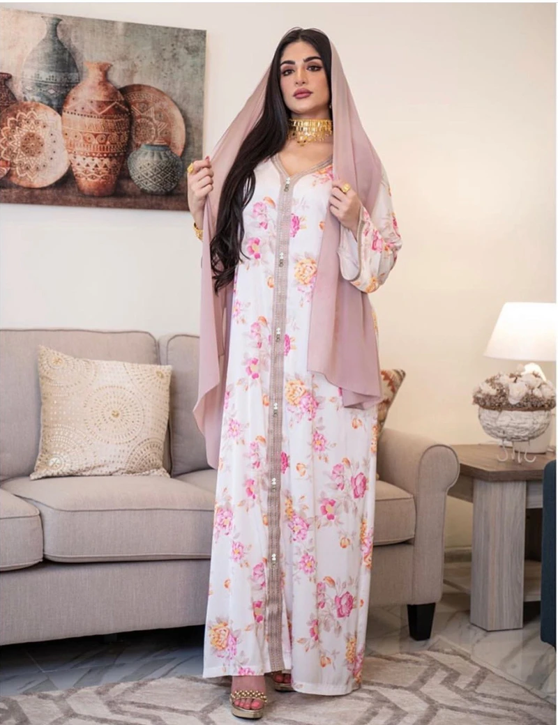 

Eid Ramadan Hijab Abaya Muslim Dress 2021 White Ethnic Floral Jalabiya Dubai Oman Arabic V Neck Long Sleeve Islamic Clothing