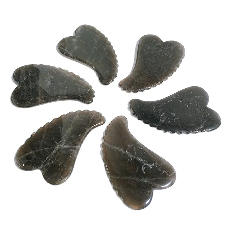 

In stock! factory natural jade stone spiky heart shape smoky quartz gua sha stones massage tool