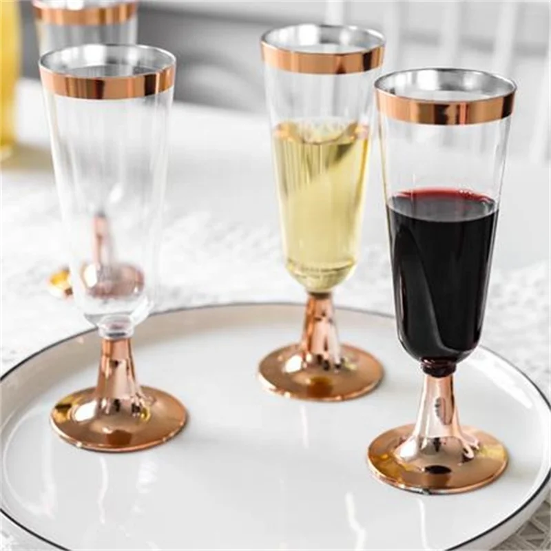 

150ml Clear Hard Party & Wedding Cups Plastic Gold or Rose Gold Rimmed Champagne Flutes