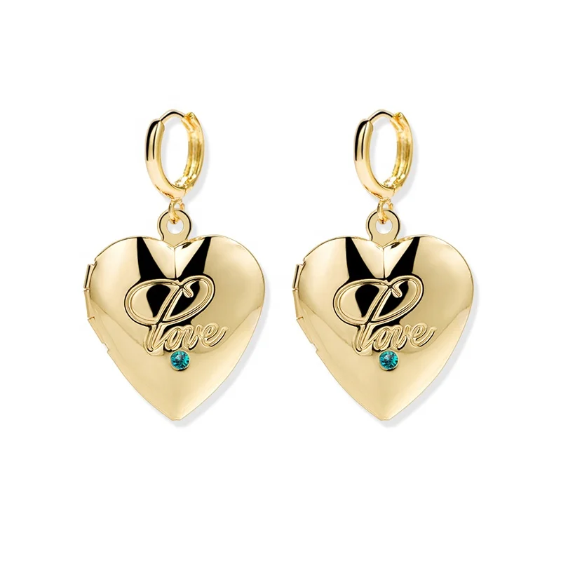 

Costom Luxury 18K Gold Plated Engraved Love Picture Frames Sublimation Jewelry Big Heart Diamond inlay Photo Locket Earrings, Gold/silver