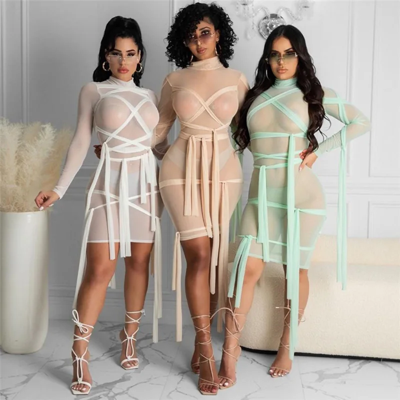 

2021 summer new fashion sexy see-through mesh slim-fit hip long-sleeved dress women