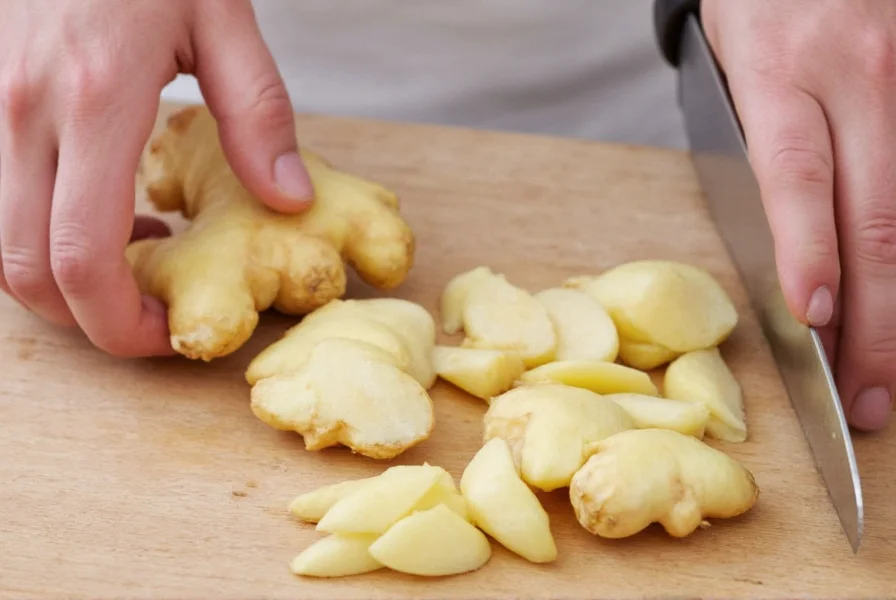 Professional chef using spoon to peel fresh ginger root on wooden cutting board