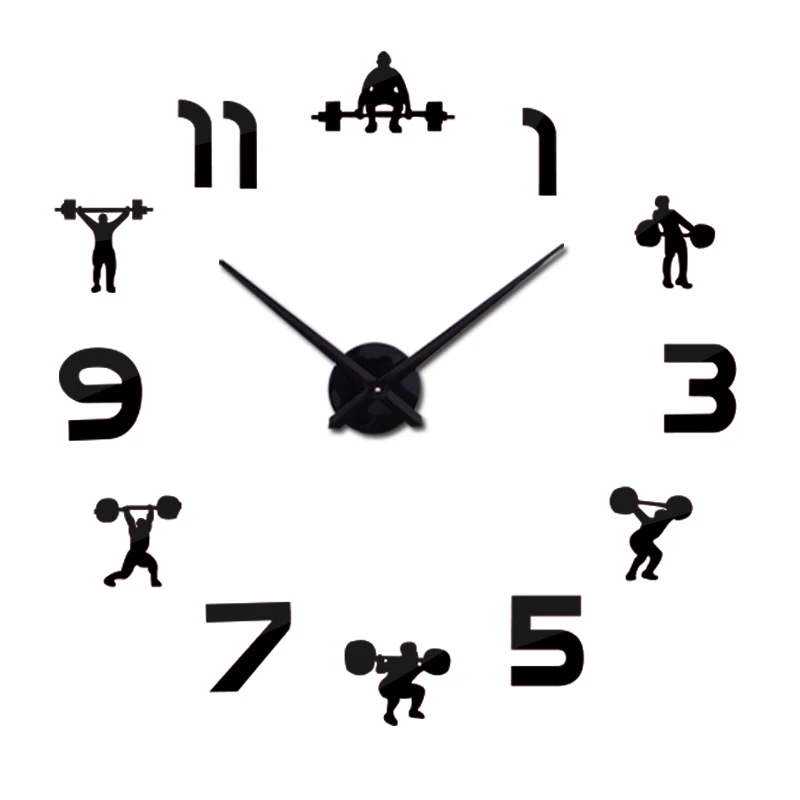 

Home Decoration Weightlifting Partten 3D Mirror Effect Mute Acrylic DIY Wall Clock, Black silver gold