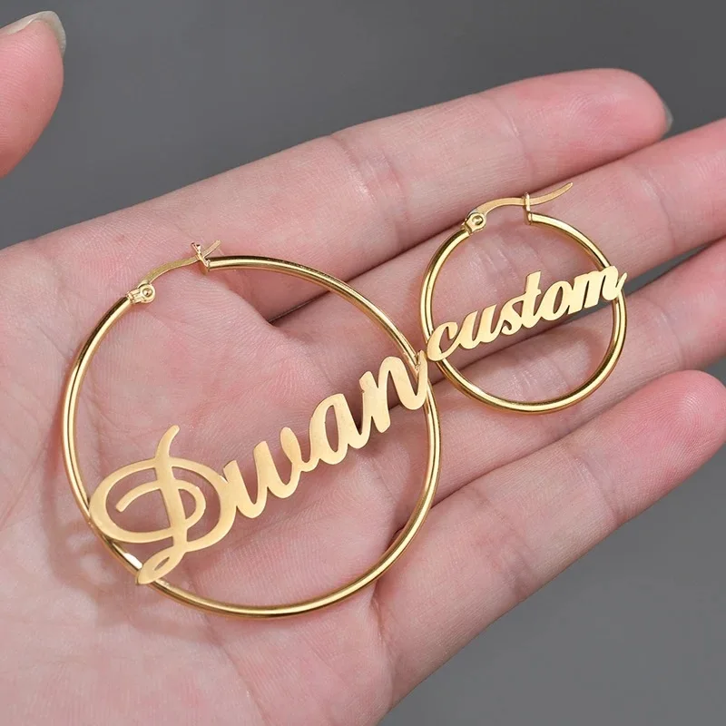 

Personalized Fine Jewelry Stainless Steel Custom Name Nameplate Hoop Earrings For Women Wife Gift, Gold