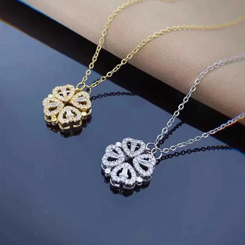 

New Diamond Heart-shaped Multiple Ways To Wear Magnet Love Clover Titanium Steel Necklace For Women