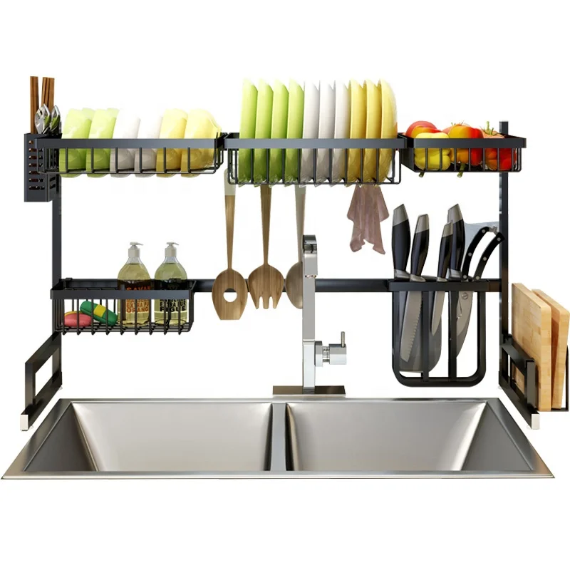 

OEM custom Multi-function kitchenware drying rack The Sink Dish Counter Drainer space saving metal kitchen rack, Black