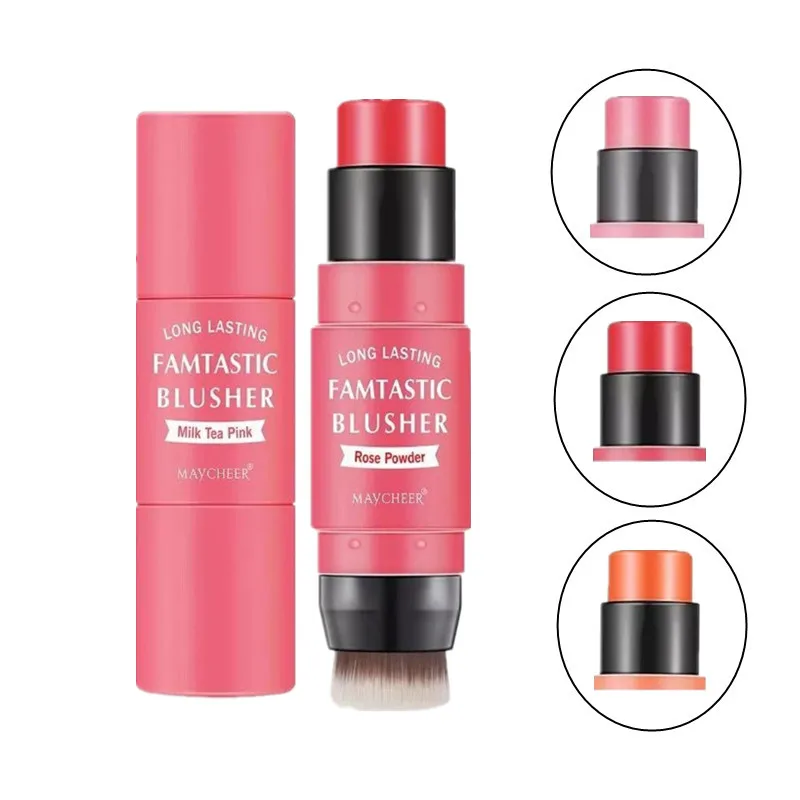 

2020 new double-head blush cream waterproof moisturizing rouge stick with brush makeup 2 in 1 private label