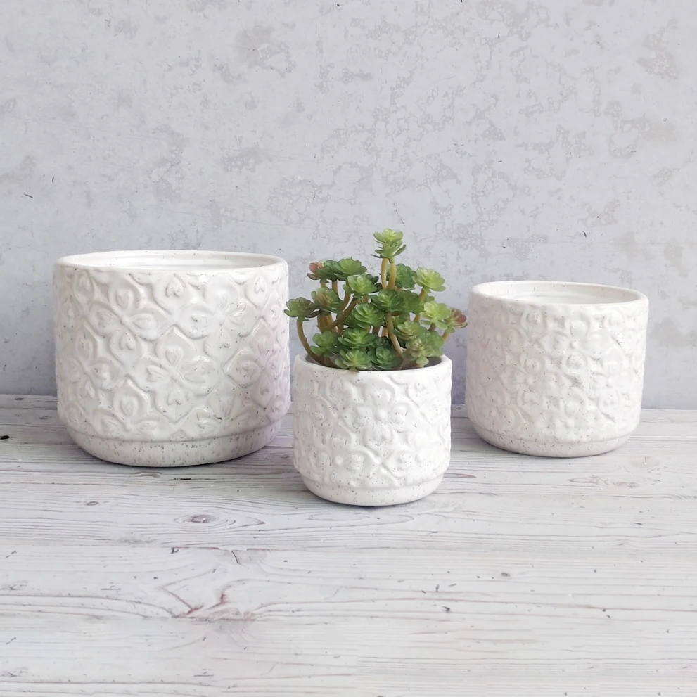 

Modern home decoration balcony flower pot white embossed succulent pot
