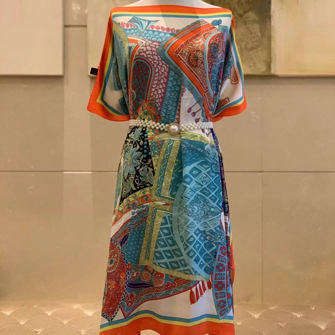 

europe style beach dress chain and square print plus size women's dress, 2 colors