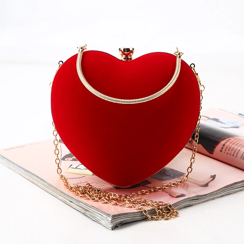 

Luxury Valentine Bridal Wedding Velvet Heart Shape Women Party Purse Dinner Banquet Clutch Bag Ladies Handbag Girls Evening Bag, Black red