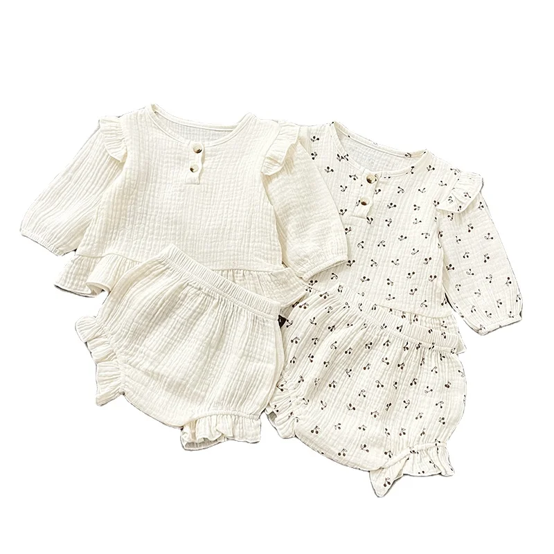 

New Lovely Baby Girl's Clothing Set Linen Cotton Newborn Outfits 2pcs Bloomers Long Sleeve Toddler Baby Clothes, Accept customized color