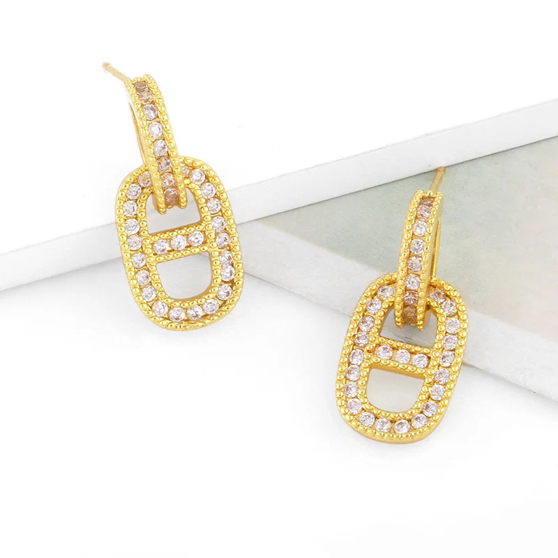 

Stylish High Quality Gold Plated Full Diamond Geometric Oval Shaped Pendants Earrings Mircon Paved CZ Zircon Oval Drop Earrings, Picture shows/custom color