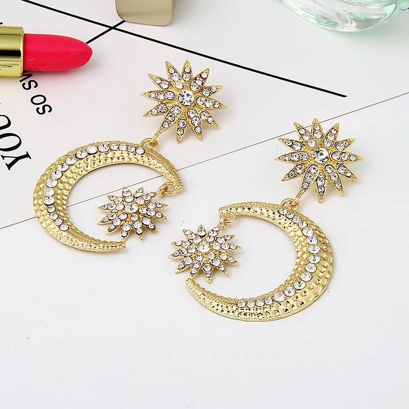 

Female octagonal sun moon star inset diamond exaggerated long earrings women