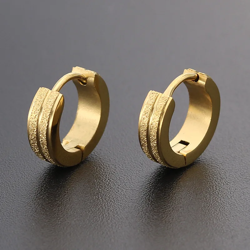

HONGTONG Factory Wholesale Amazon Hot New Gold-Plated Stainless Steel 4*9 Spherical Frosted Middle Slotted Pressed Sand Earrings, Picture