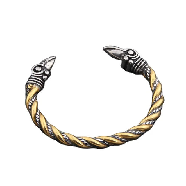 

Viking Stainless Steel Fashion Bracelet Odin's gold Raven Heads Norse Arm Ring Cuff Bangle