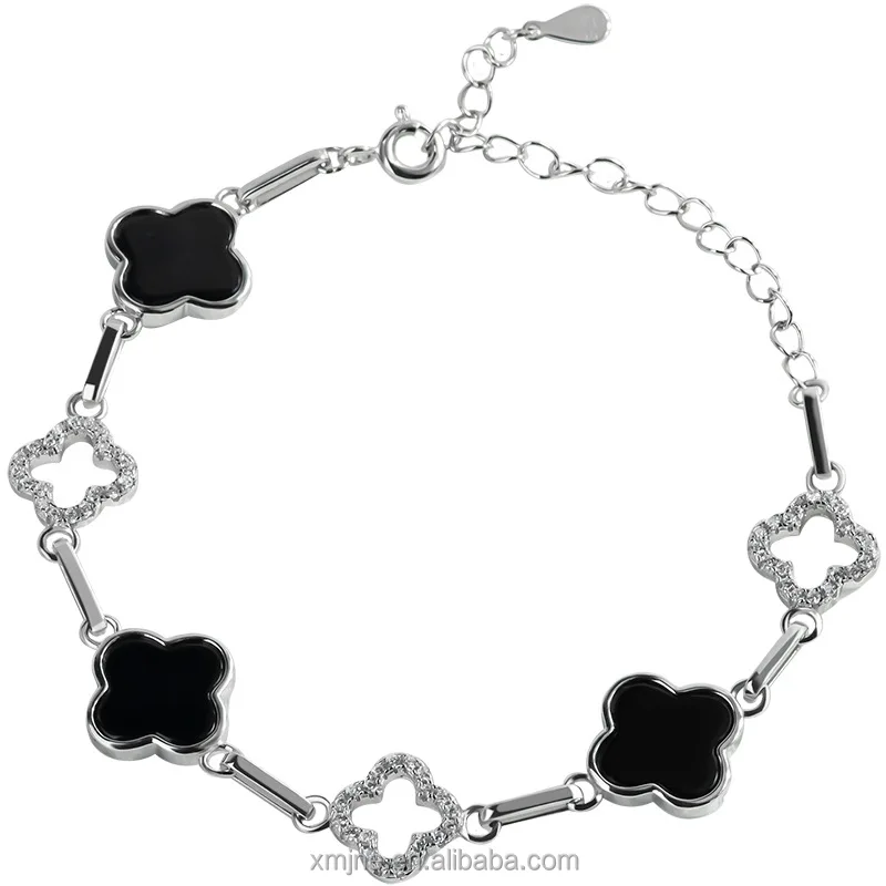 

S925 Silver Inlaid Natural Ink Jadeite Grade A Jadeite Ink Jade Four-Leaf Clover Bracelet Fashion Female Silver Chain Adjustable