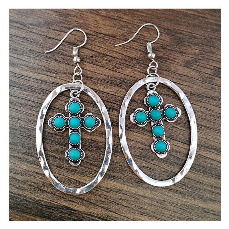 

Handmade Bohemia Chic Southwestern Turquoise Cross Circle Earrings