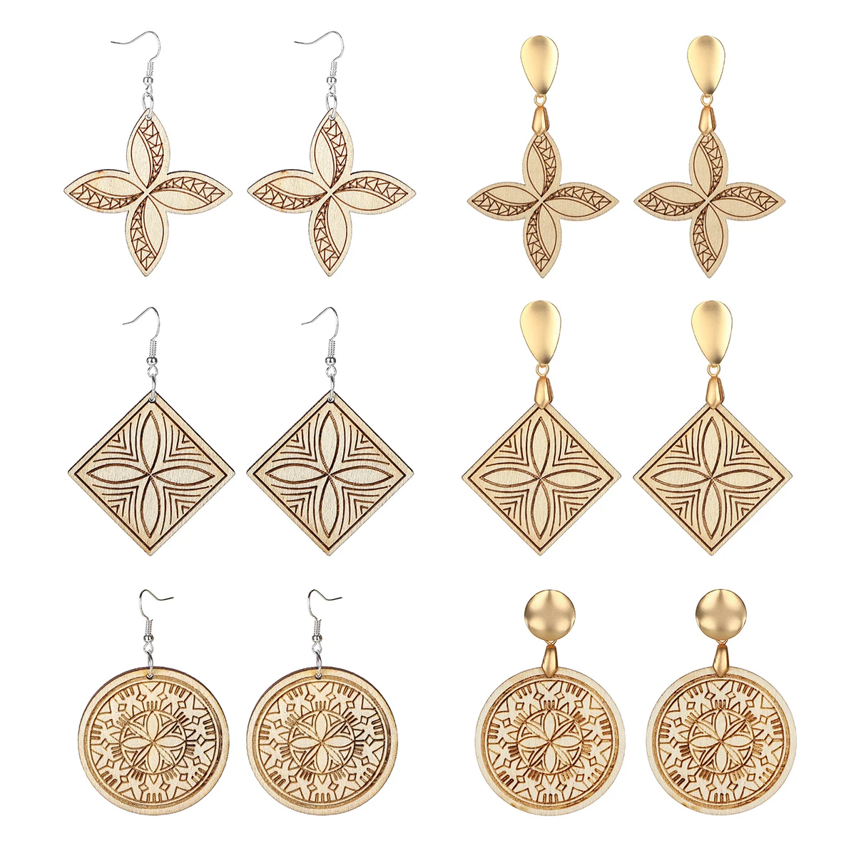 

Wooden earrings ethnic style carved Polynesian jewelry hawaiian earrings