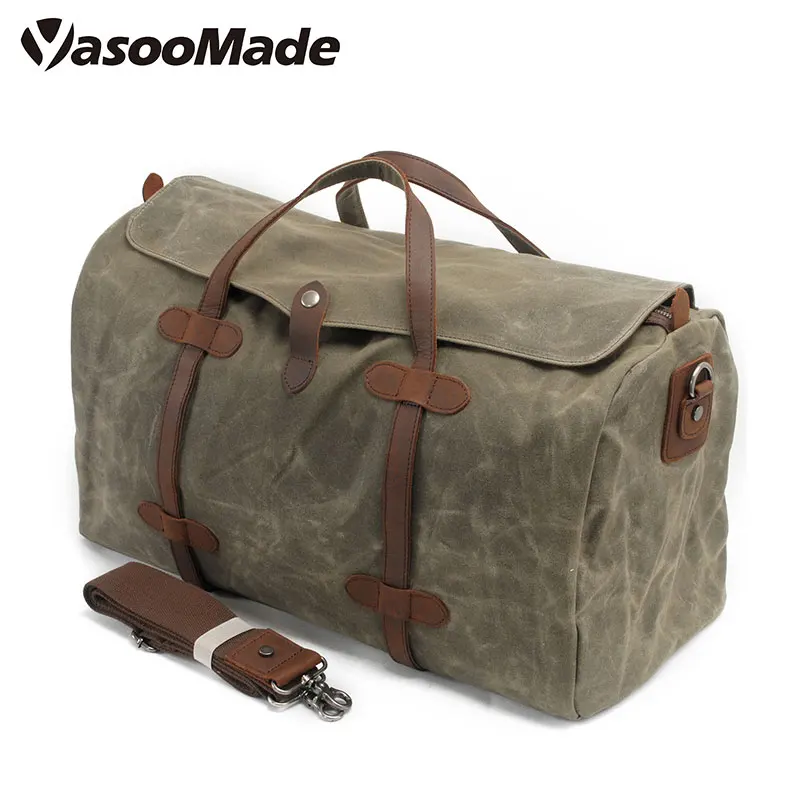 

Waterproof Large Capacity Waxed Canvas Duffel Leather Mens Overnight Weekender Duffle Travelling Bag