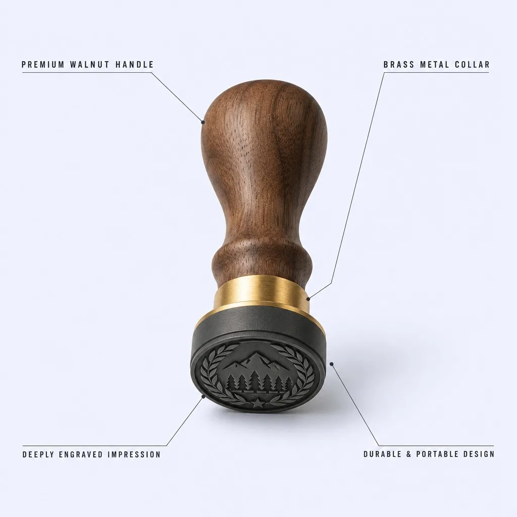 Premium Walnut Handle - Brass Metal Collar - Deeply Engraved Impression - Durable and Portable Design callout diagram