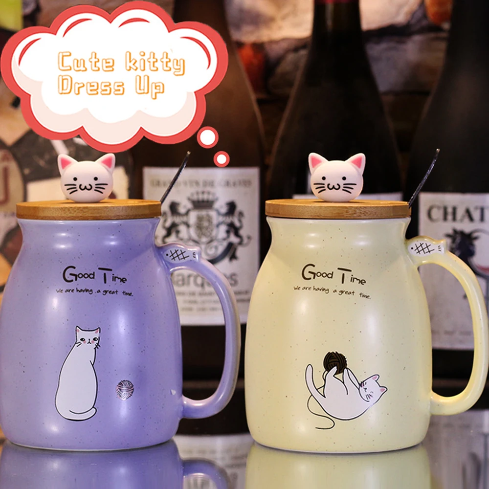 

Mug with cover spoon water cup cartoon cute cat Korean version of coffee girl couple breakfast cup a pair of office