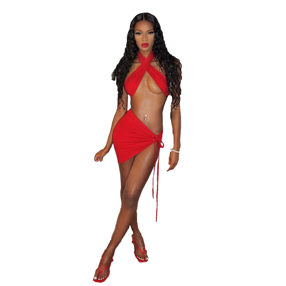 

8572 Deep V-neck Condole Backless Irregular Skirts Sexy Outfit 2 Piece Set Women Skirt Clothing Sexy women clothes suits
