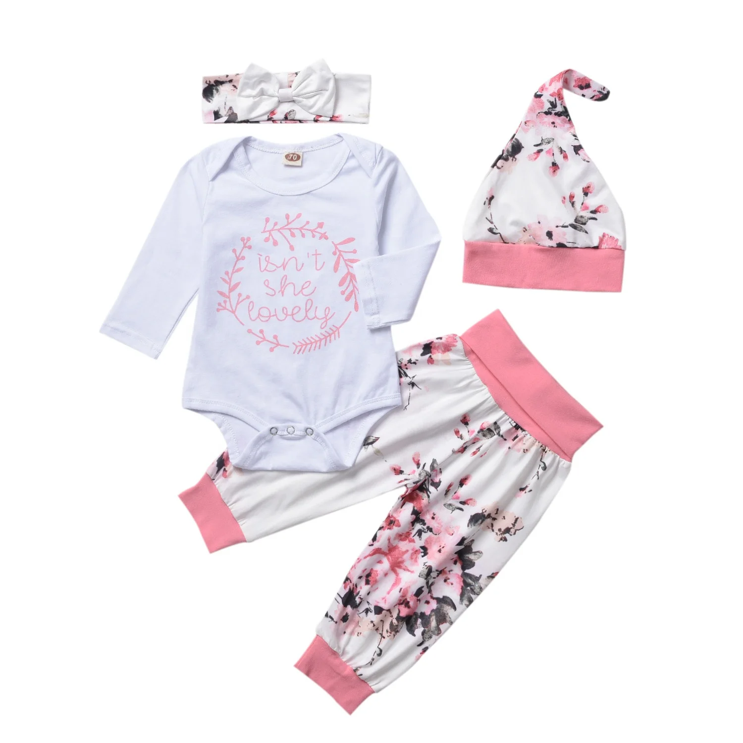 

Infant Clothing Baby Romper Cute White Letters Cotton Toddler Jumpsuit and Pink Floral Pants + Bow Headband Baby 3 PCS