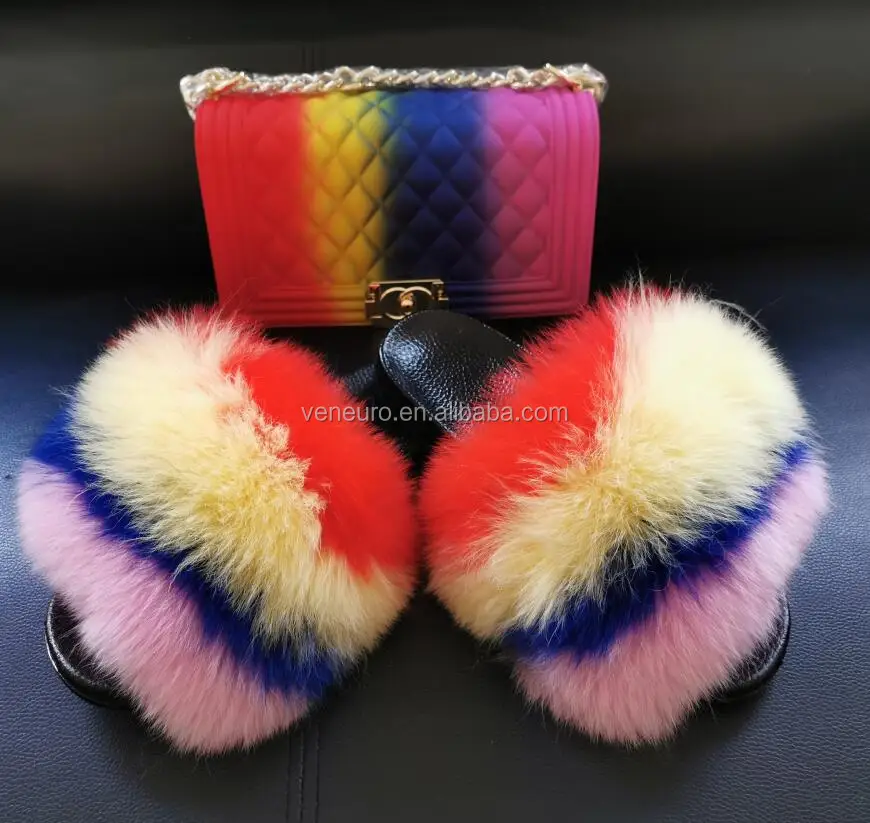 

2021 wholesale women furry slides sandal fur slippers fur sandals with matching bag purse, Customized color