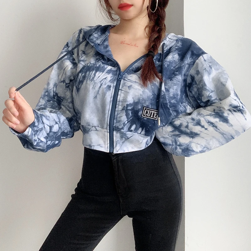 

Personalized Ink Painting Tie Dye Letter Hooded Short Sweater Autumn New Zipper Versatile Casual Women's Cardigan, Blue