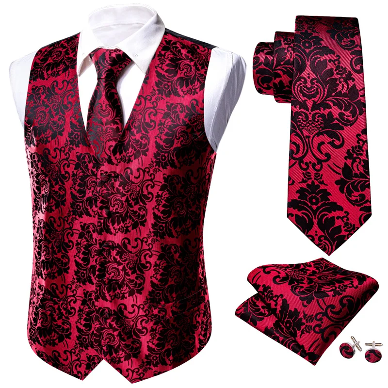 

New Style Formal Business Party Red Waistcoat Silk Vest Jacquard Floral Tie Hanky 4PC Set For Men