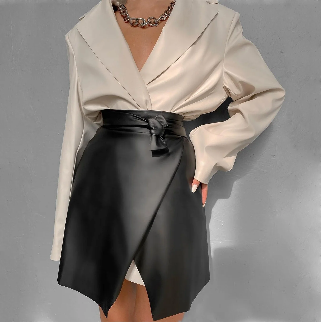 

QC-LH0470 Factory price wholesale women solid color bandage fashion leather mini skirt, As picture or customized make